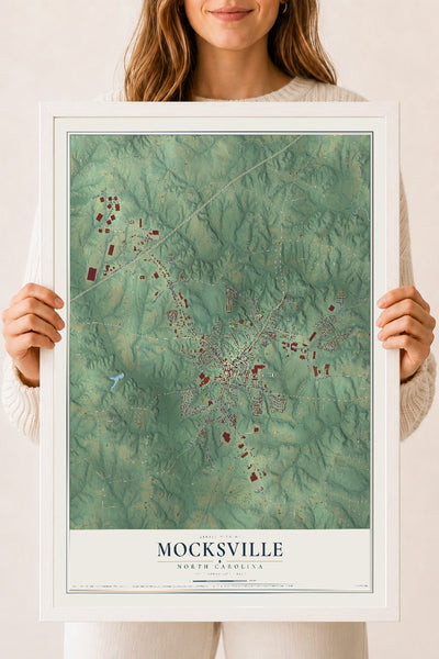 Map of Mocksville, North Carolina, 18 x 24 inch print in a white wood frame