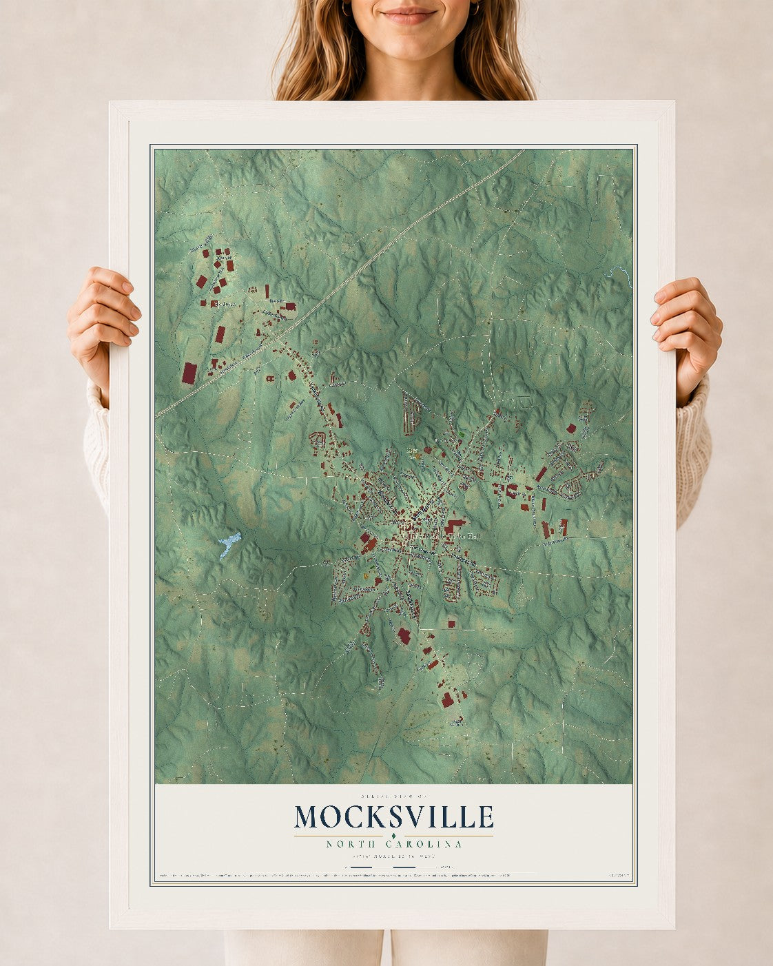 Map of Mocksville, North Carolina, 24 x 36 inch print in a white wood frame