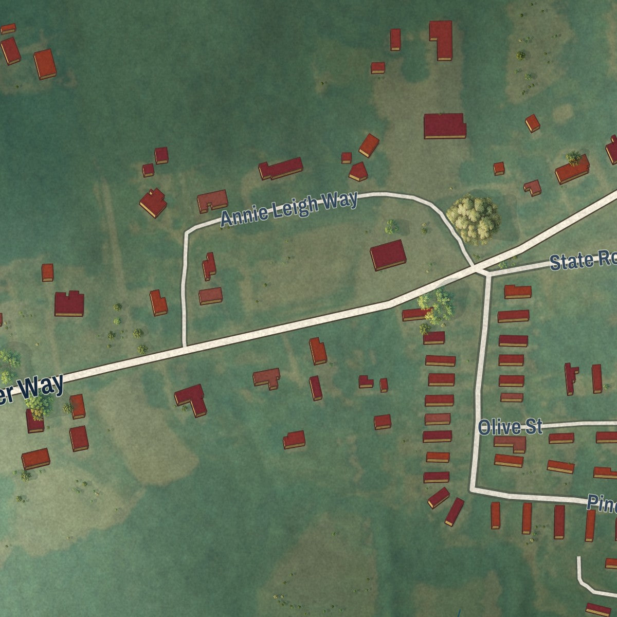 Close-up of the map of Momeyer, North Carolina print showing street and building detail