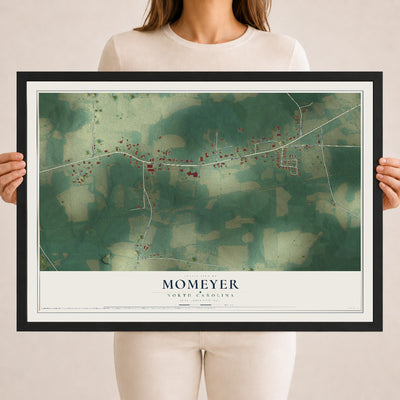 Map of Momeyer, North Carolina, 18 x 24 inch print in a black wood frame