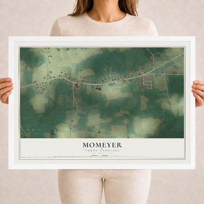 Map of Momeyer, North Carolina, 18 x 24 inch print in a white wood frame