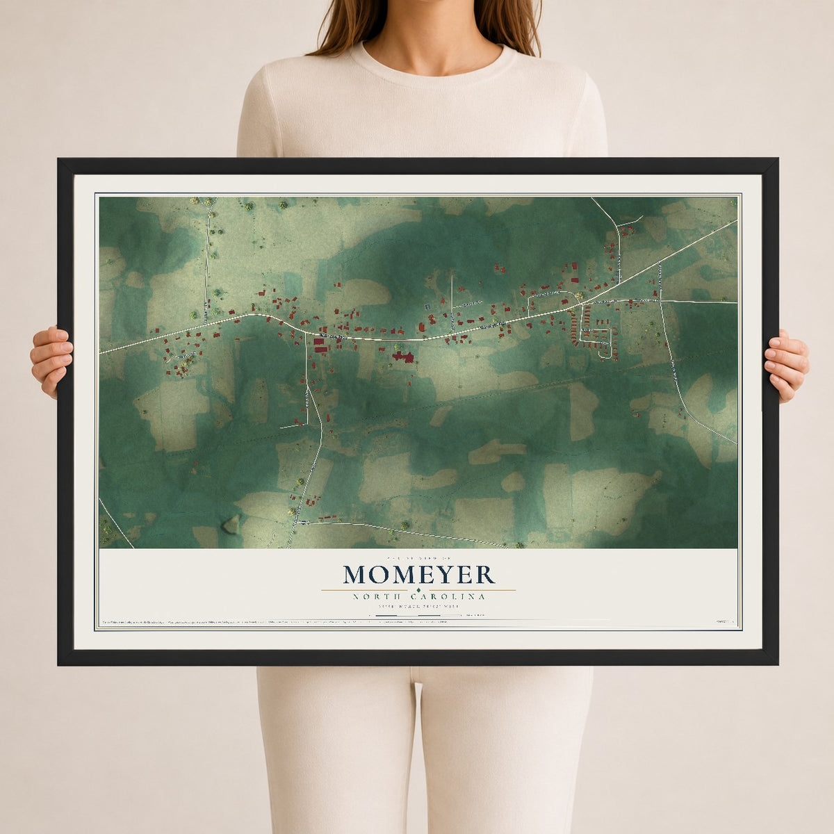 Map of Momeyer, North Carolina, 24 x 36 inch print in a black wood frame