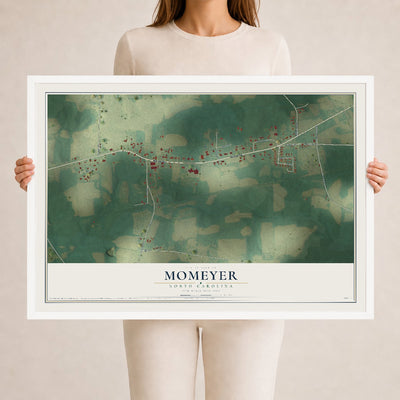 Map of Momeyer, North Carolina, 24 x 36 inch print in a white wood frame