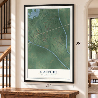 Moncure, North Carolina map, 24 x 36 inch print in a black frame by a staircase