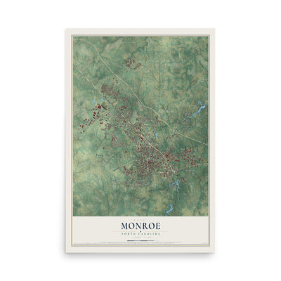 Map of Monroe, North Carolina, 12 x 18 inch unframed archival matte print