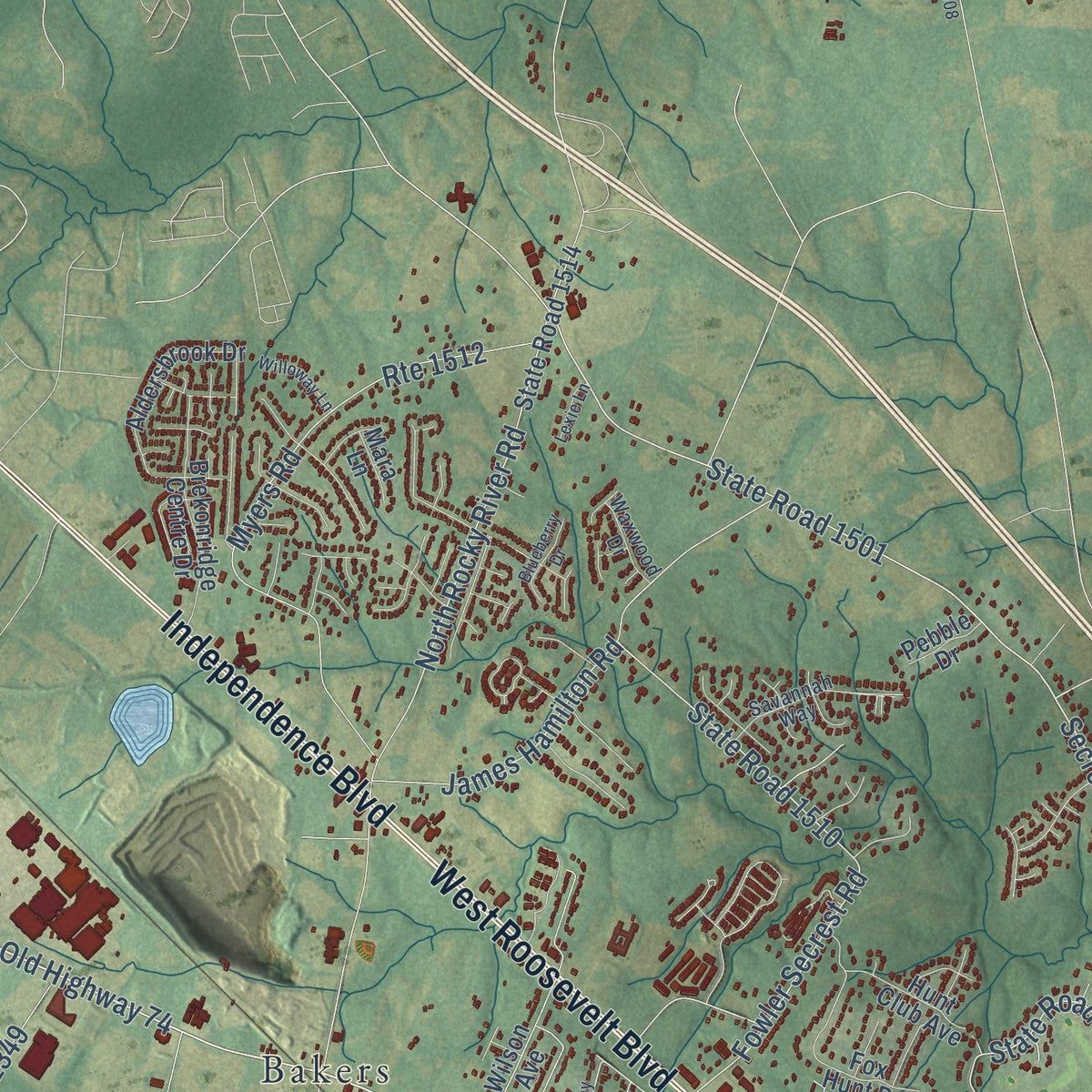 Second close-up of the map of Monroe, North Carolina print showing more streets and buildings