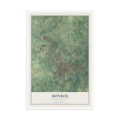 Map of Monroe, North Carolina, 12 x 18 inch print in a white wood frame