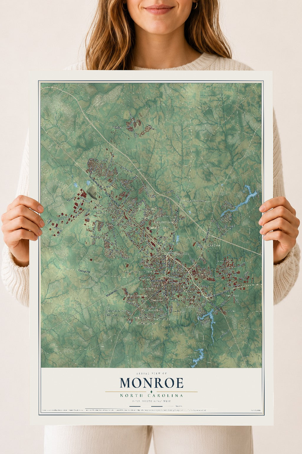Map of Monroe, North Carolina, 18 x 24 inch unframed archival matte print