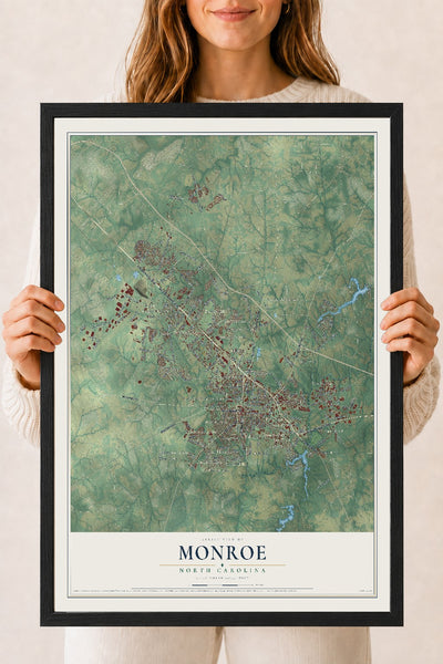 Map of Monroe, North Carolina, 18 x 24 inch print in a black wood frame