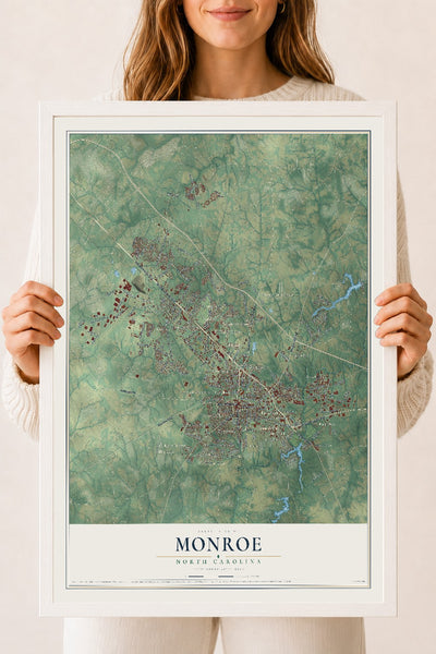 Map of Monroe, North Carolina, 18 x 24 inch print in a white wood frame