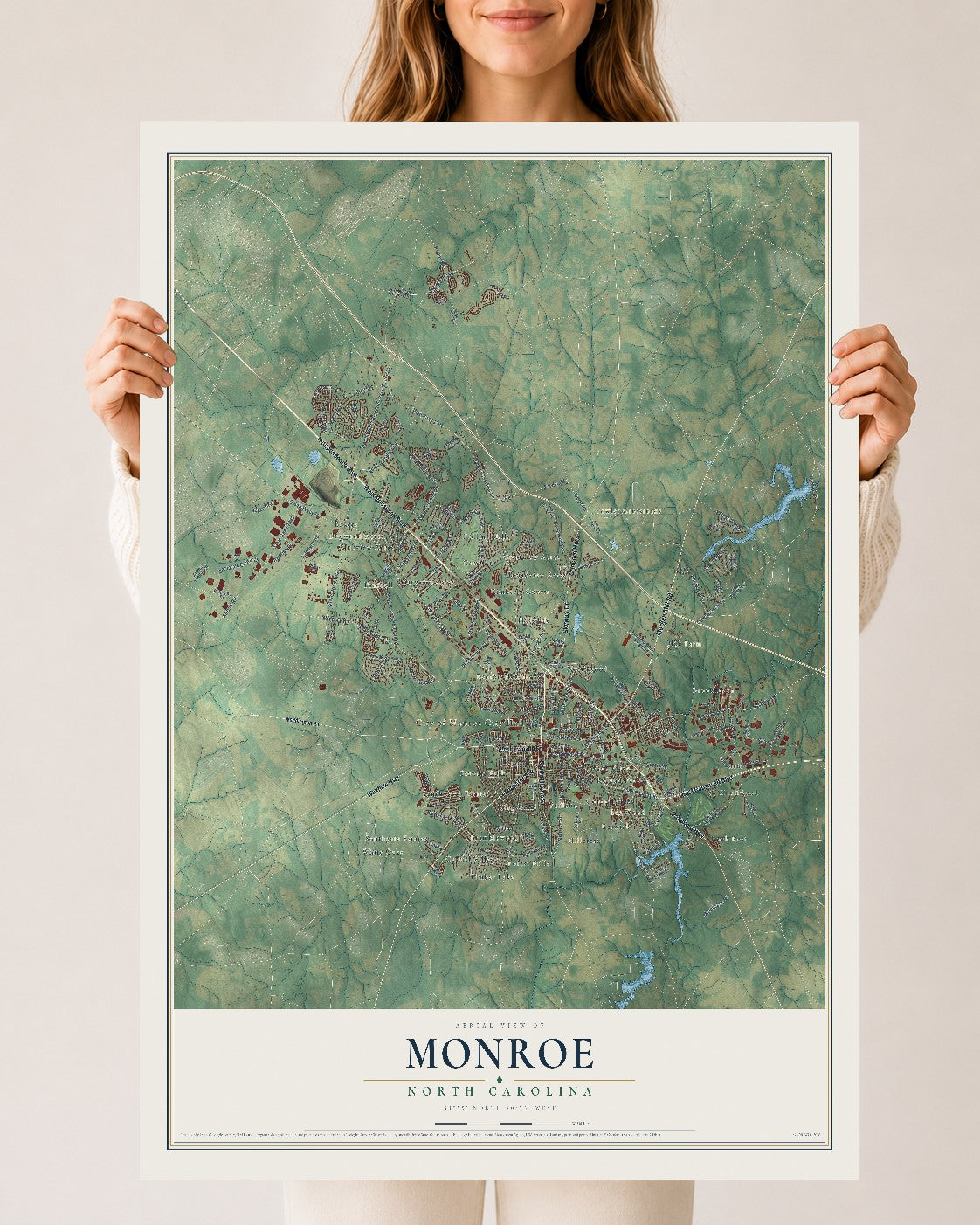 Map of Monroe, North Carolina, 24 x 36 inch unframed archival matte print