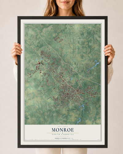 Map of Monroe, North Carolina, 24 x 36 inch print in a black wood frame