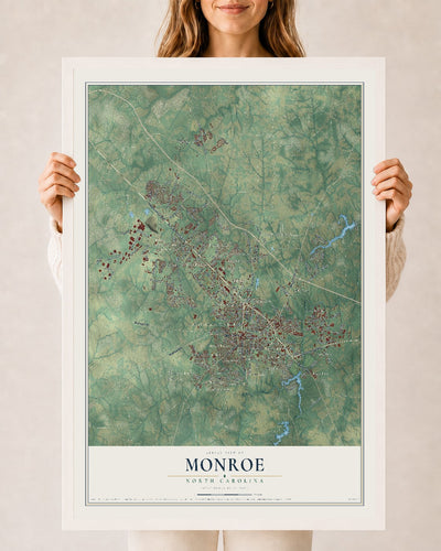 Map of Monroe, North Carolina, 24 x 36 inch print in a white wood frame