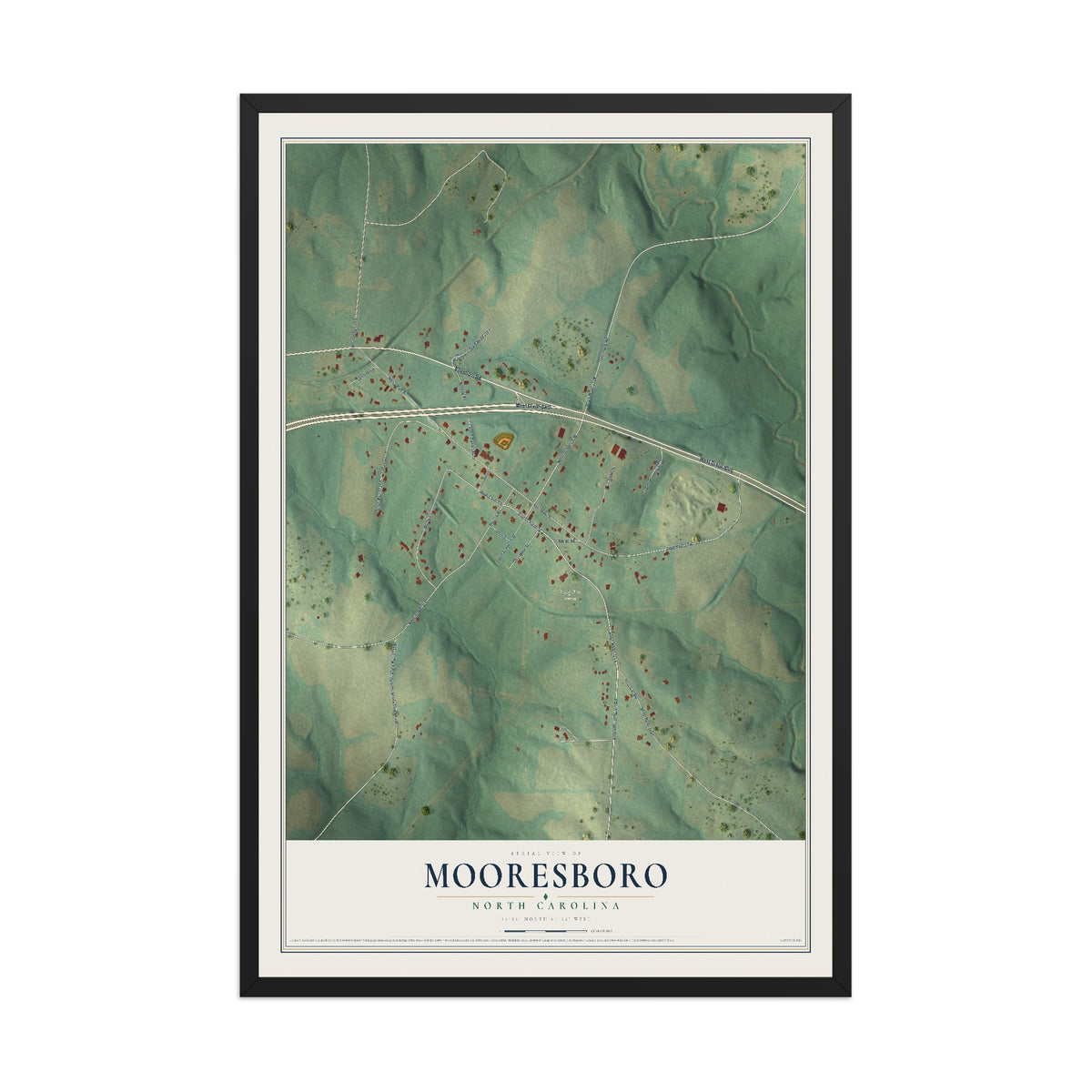 Map of Mooresboro, North Carolina, 12 x 18 inch print in a black wood frame