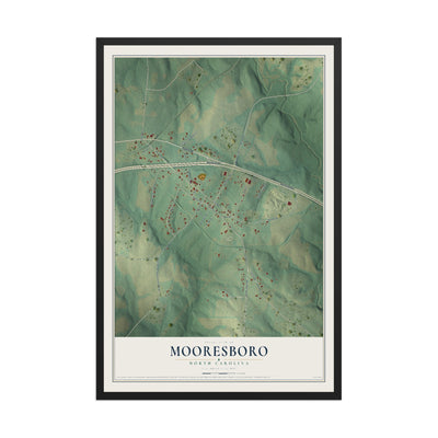 Map of Mooresboro, North Carolina, 12 x 18 inch print in a black wood frame
