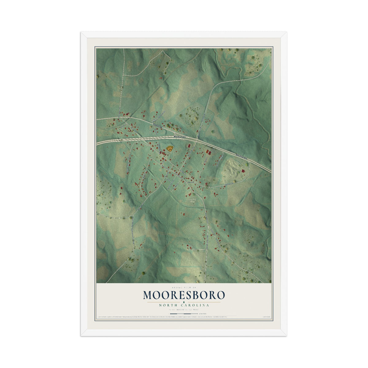 Map of Mooresboro, North Carolina, 12 x 18 inch print in a white wood frame