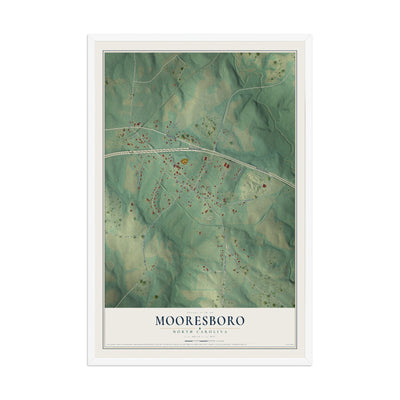Map of Mooresboro, North Carolina, 12 x 18 inch print in a white wood frame