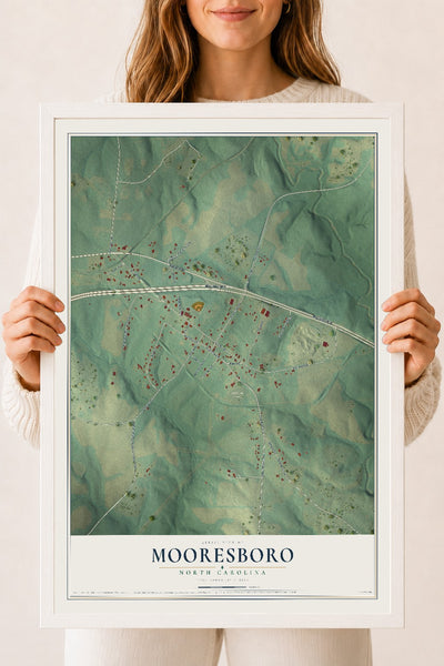 Map of Mooresboro, North Carolina, 18 x 24 inch print in a white wood frame