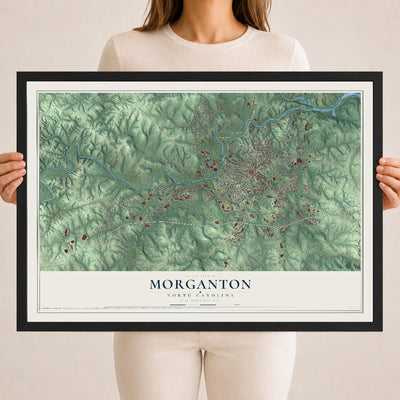 Map of Morganton, North Carolina, 18 x 24 inch print in a black wood frame