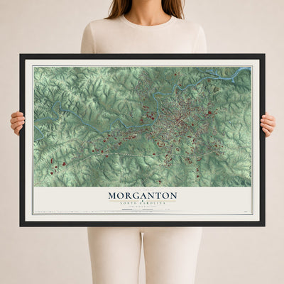 Map of Morganton, North Carolina, 24 x 36 inch print in a black wood frame