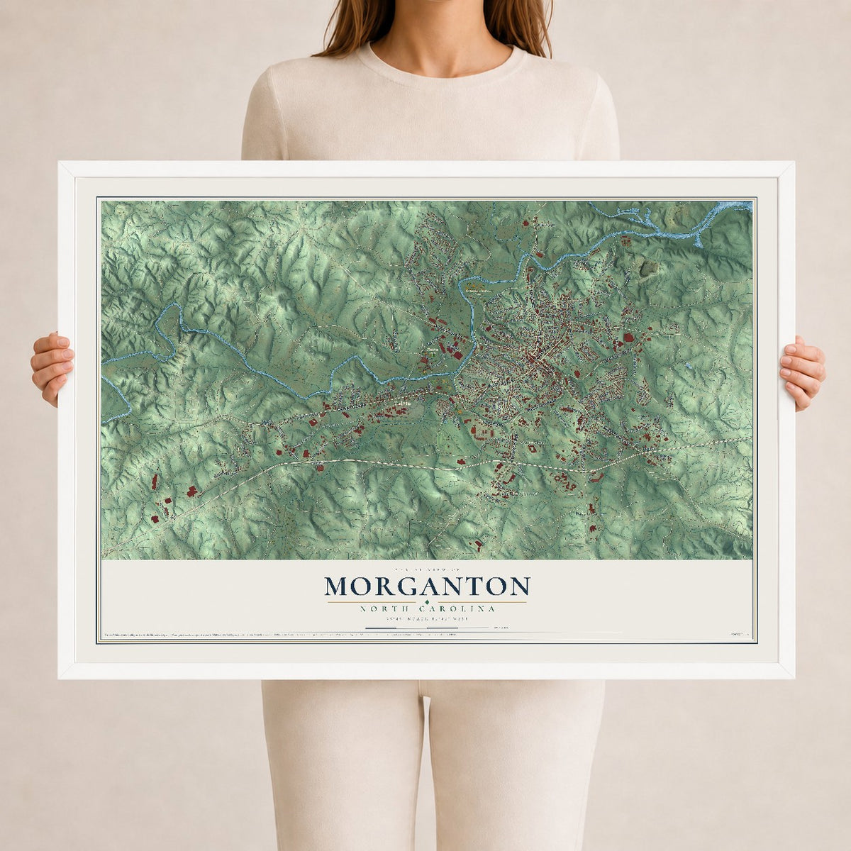 Map of Morganton, North Carolina, 24 x 36 inch print in a white wood frame