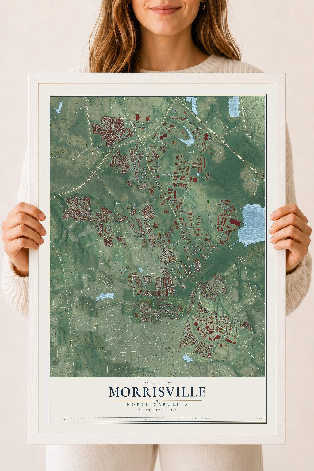 Map of Morrisville, North Carolina, 18 x 24 inch print in a white wood frame