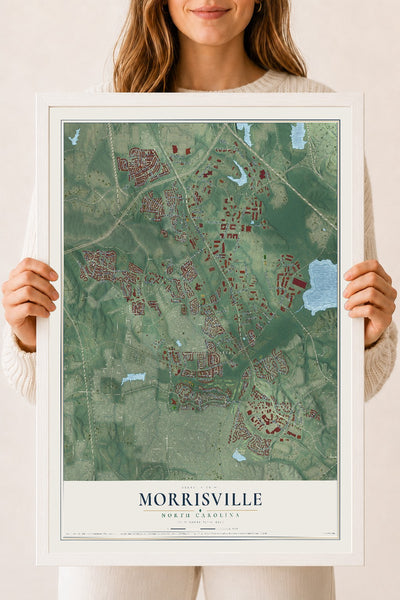 Map of Morrisville, North Carolina, 18 x 24 inch print in a white wood frame