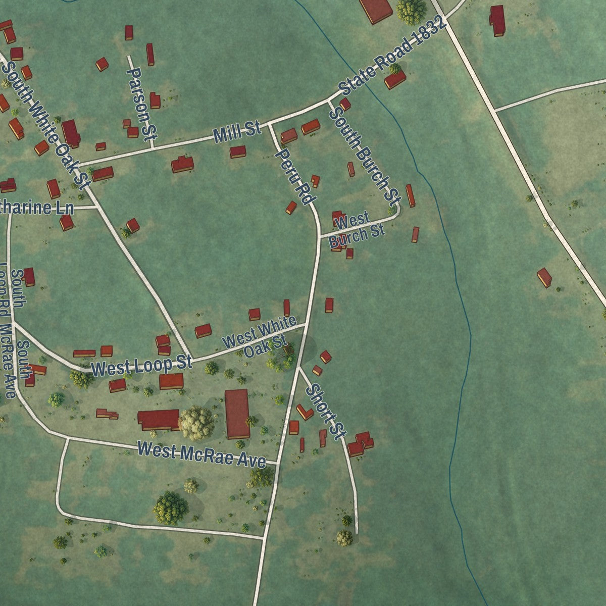 Second close-up of the map of Morven, North Carolina print showing more streets and buildings