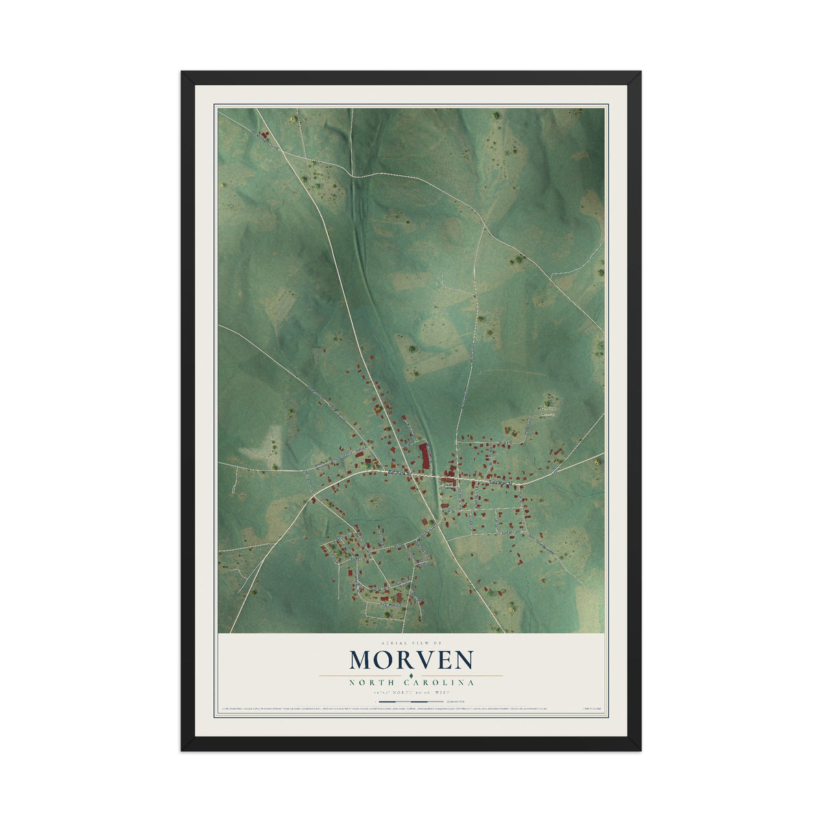 Map of Morven, North Carolina, 12 x 18 inch print in a black wood frame
