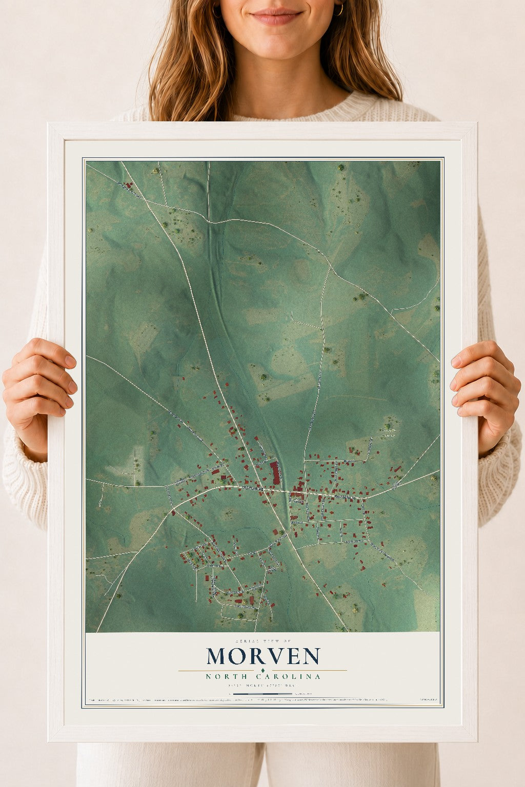 Map of Morven, North Carolina, 18 x 24 inch print in a white wood frame