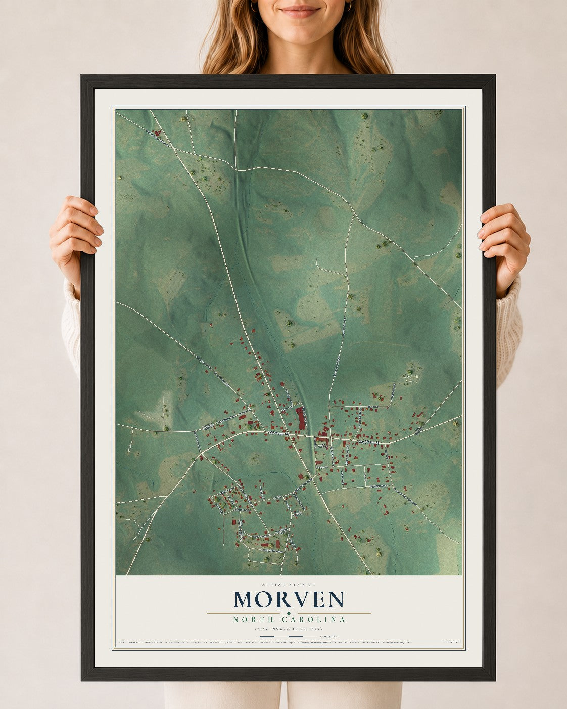 Map of Morven, North Carolina, 24 x 36 inch print in a black wood frame