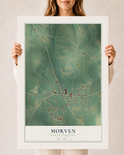 Map of Morven, North Carolina, 24 x 36 inch print in a white wood frame
