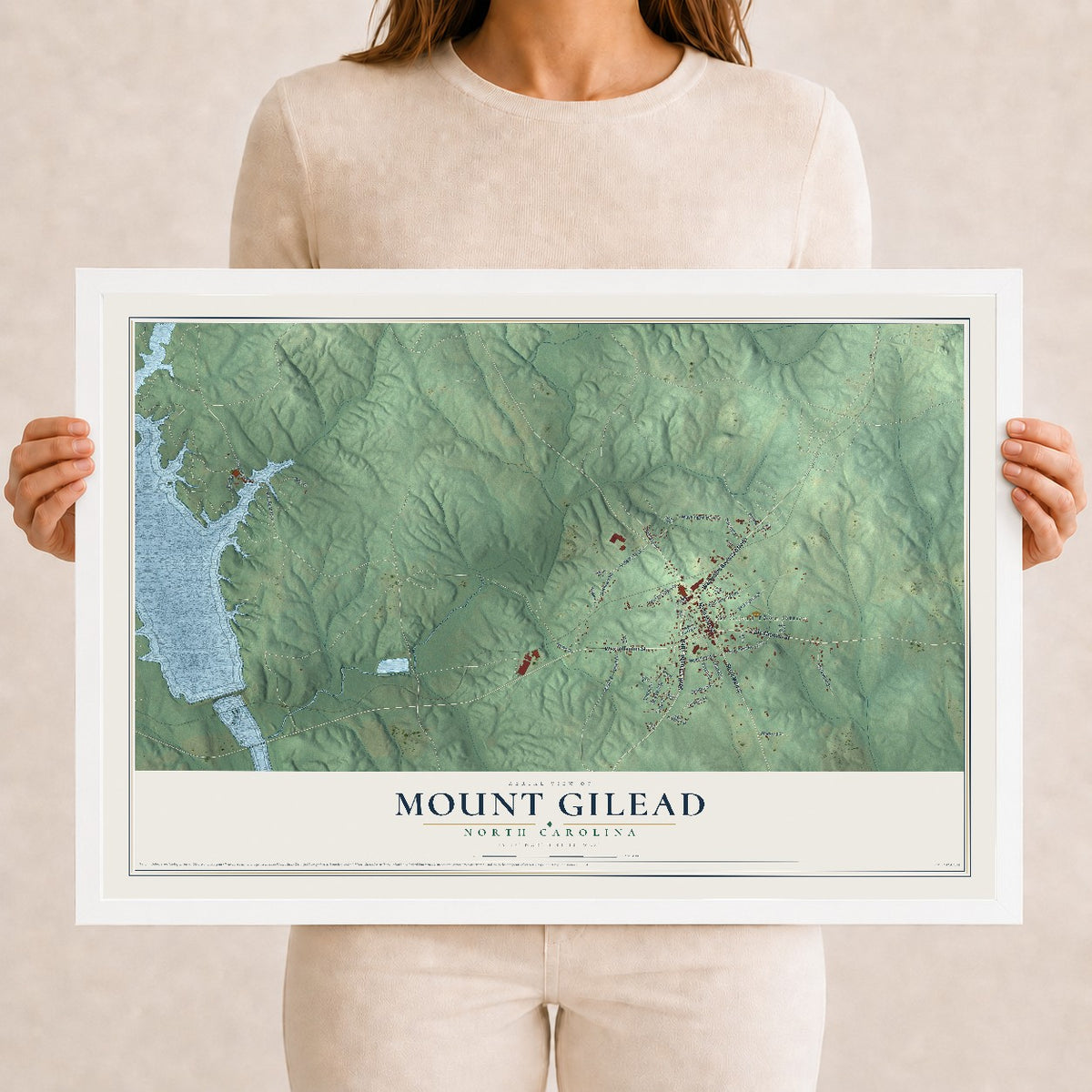 Map of Mount Gilead, North Carolina, 12 x 18 inch print in a white wood frame