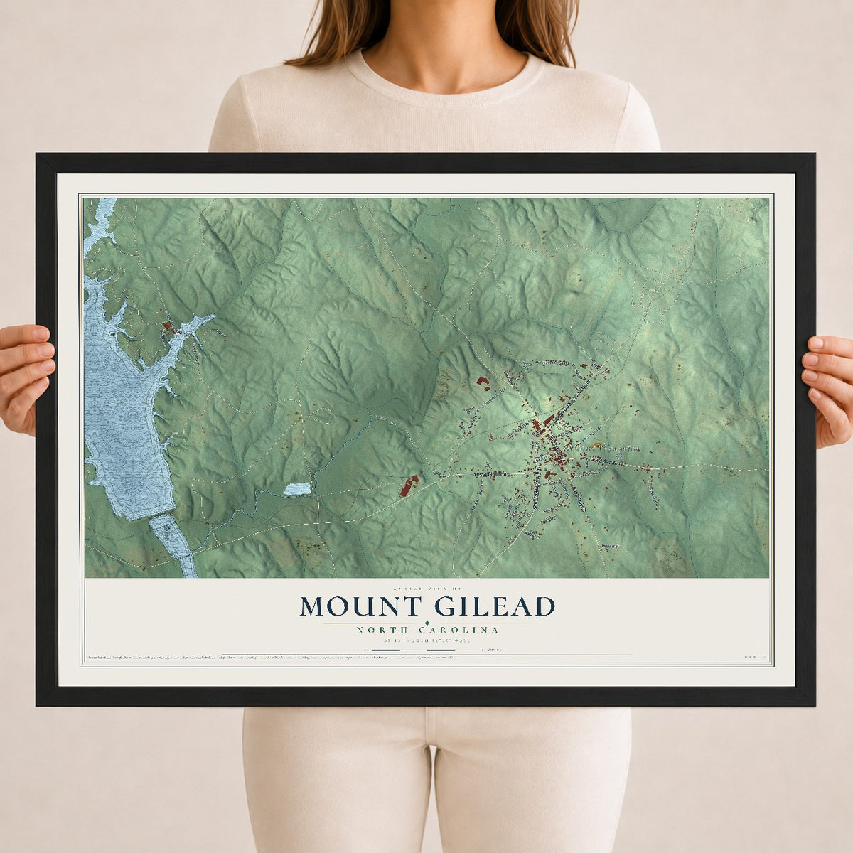 Map of Mount Gilead, North Carolina, 18 x 24 inch print in a black wood frame