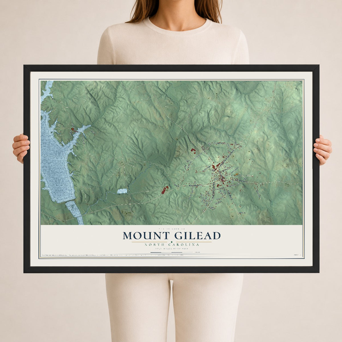 Map of Mount Gilead, North Carolina, 24 x 36 inch print in a black wood frame