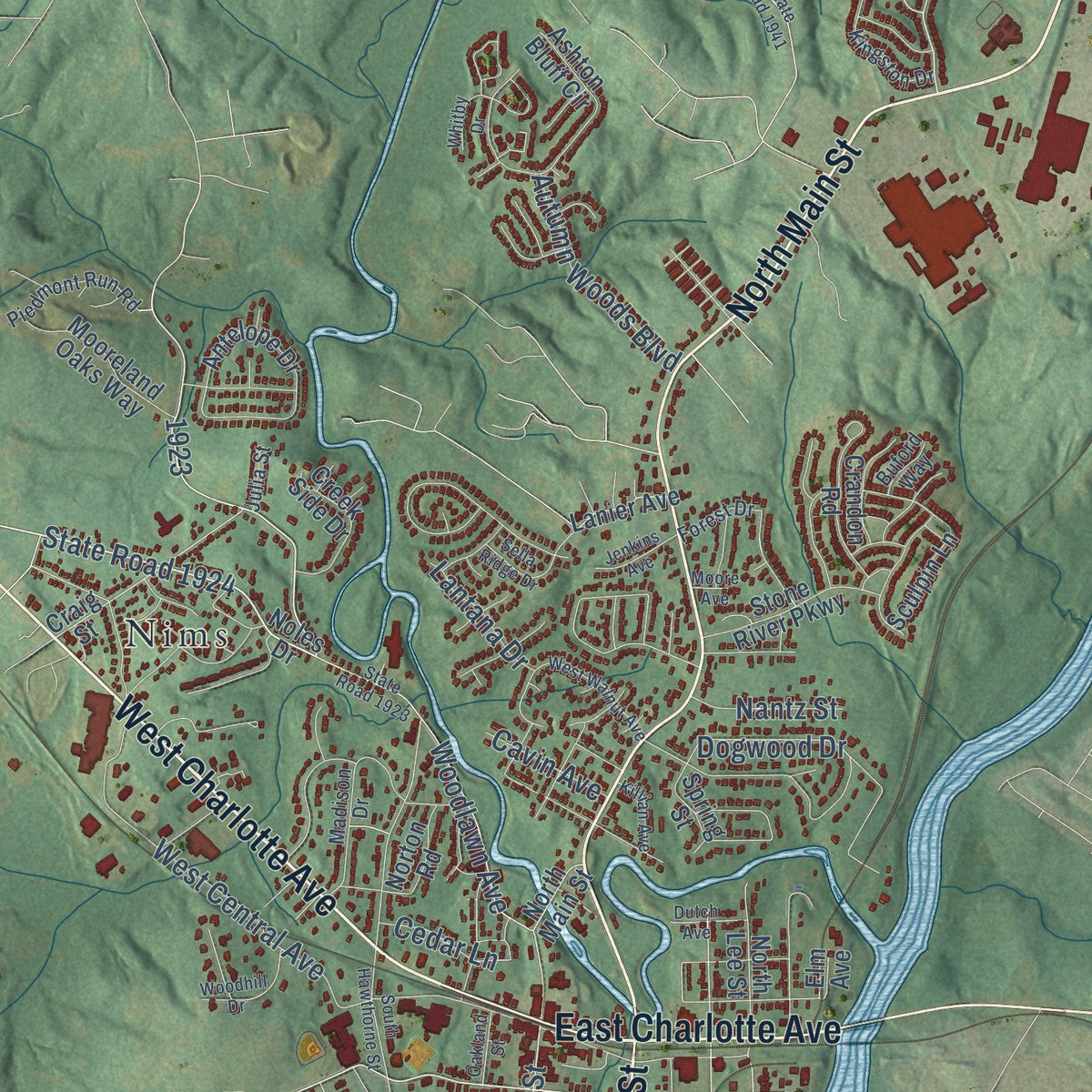 Close-up of the map of Mount Holly, North Carolina print showing street and building detail