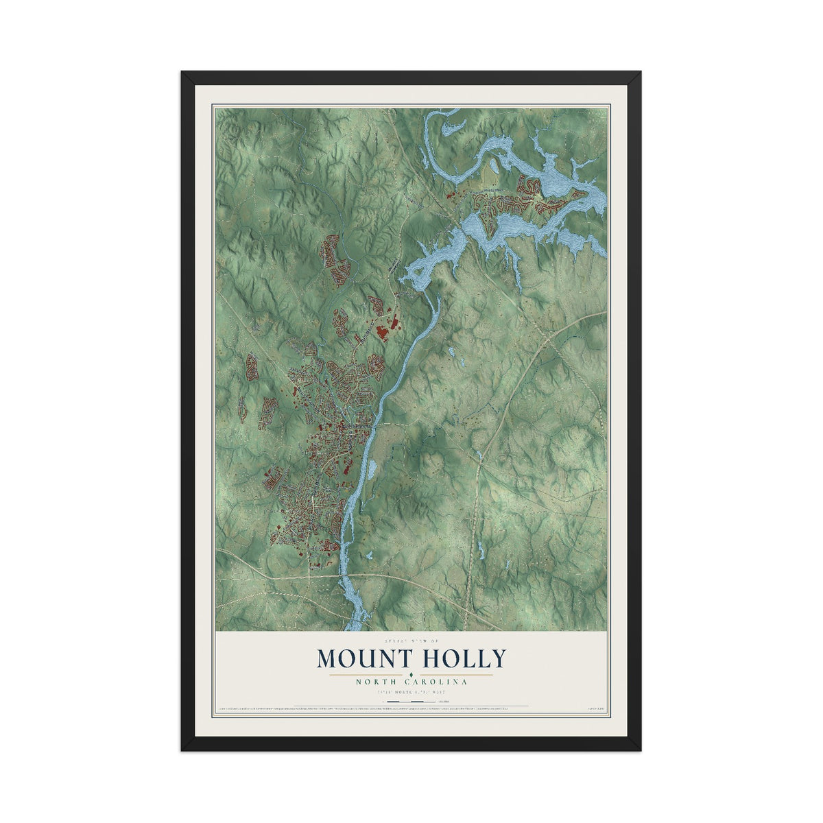 Map of Mount Holly, North Carolina, 12 x 18 inch print in a black wood frame