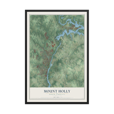 Map of Mount Holly, North Carolina, 12 x 18 inch print in a black wood frame