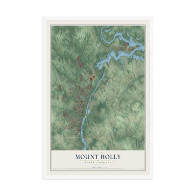 Map of Mount Holly, North Carolina, 12 x 18 inch print in a white wood frame