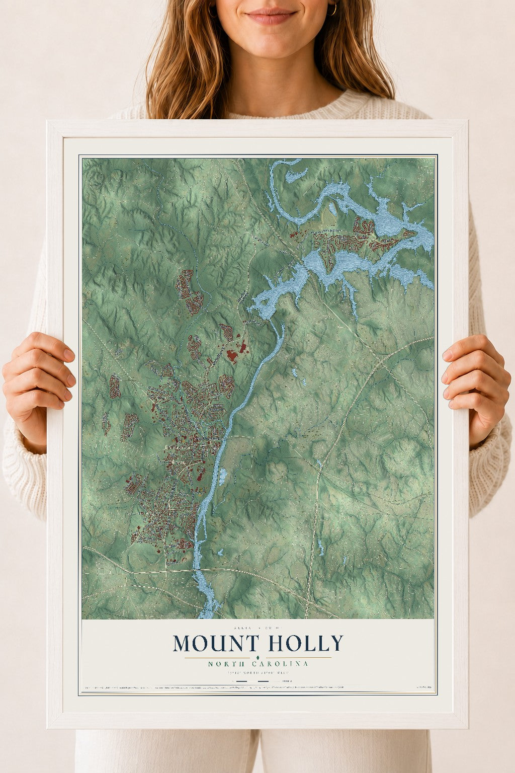 Map of Mount Holly, North Carolina, 18 x 24 inch print in a white wood frame