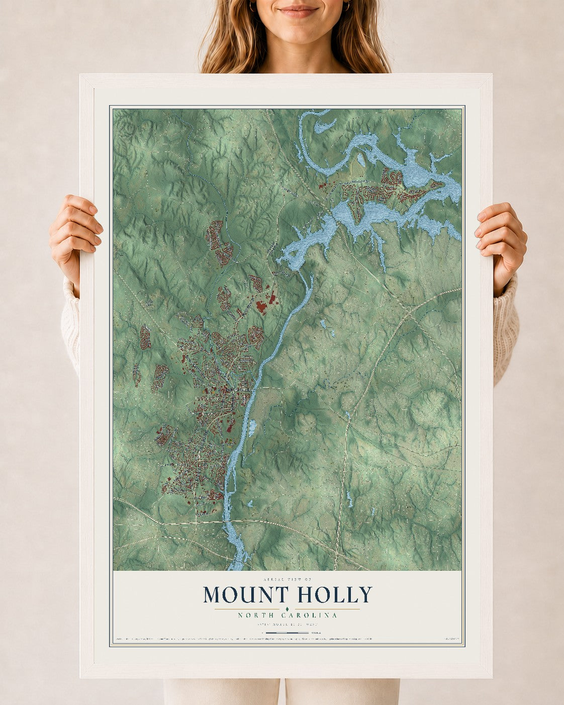 Map of Mount Holly, North Carolina, 24 x 36 inch print in a white wood frame