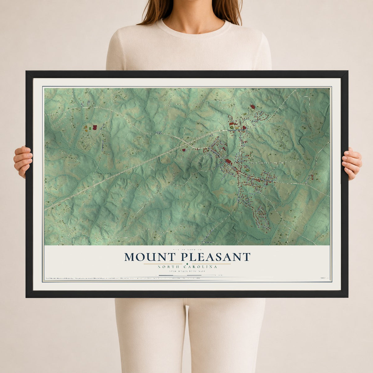 Map of Mount Pleasant, North Carolina, 24 x 36 inch print in a black wood frame
