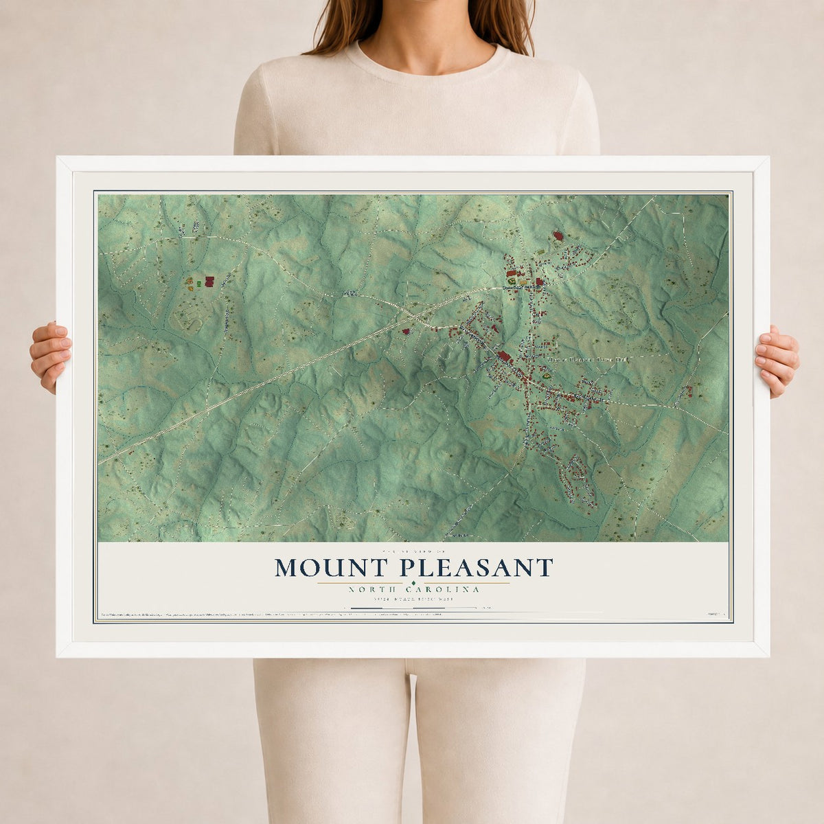 Map of Mount Pleasant, North Carolina, 24 x 36 inch print in a white wood frame