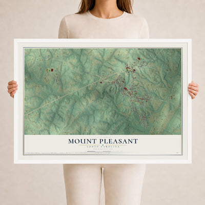 Map of Mount Pleasant, North Carolina, 24 x 36 inch print in a white wood frame