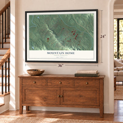Mountain Home, North Carolina map, 24 x 36 inch print in a black frame above a dresser by a staircase