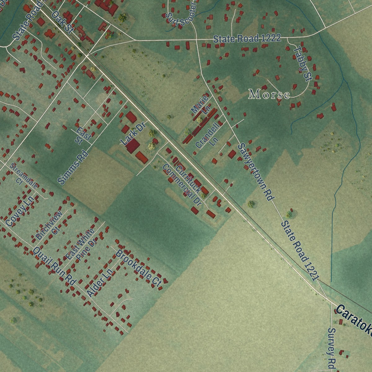 Close-up of the map of Moyock, North Carolina print showing street and building detail