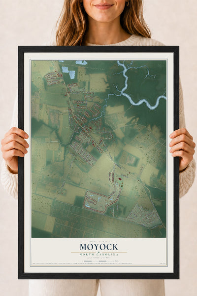 Map of Moyock, North Carolina, 18 x 24 inch print in a black wood frame