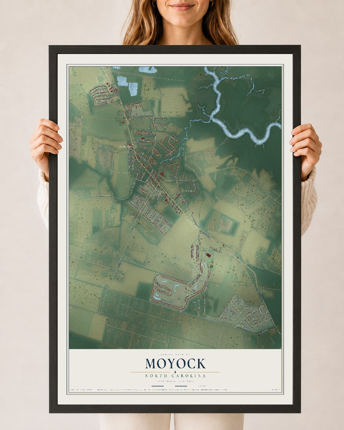 Map of Moyock, North Carolina, 24 x 36 inch print in a black wood frame