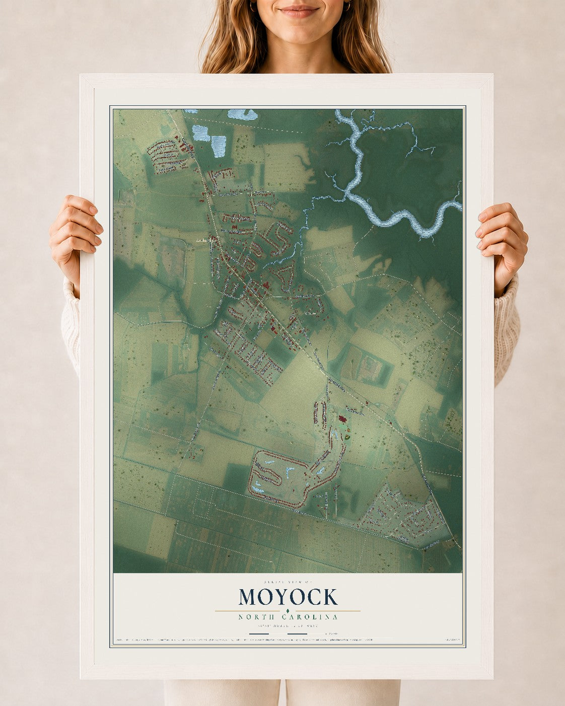 Map of Moyock, North Carolina, 24 x 36 inch print in a white wood frame