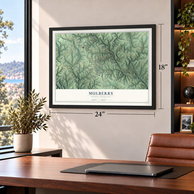 Mulberry, North Carolina map, 18 x 24 inch print in a black frame in a home office